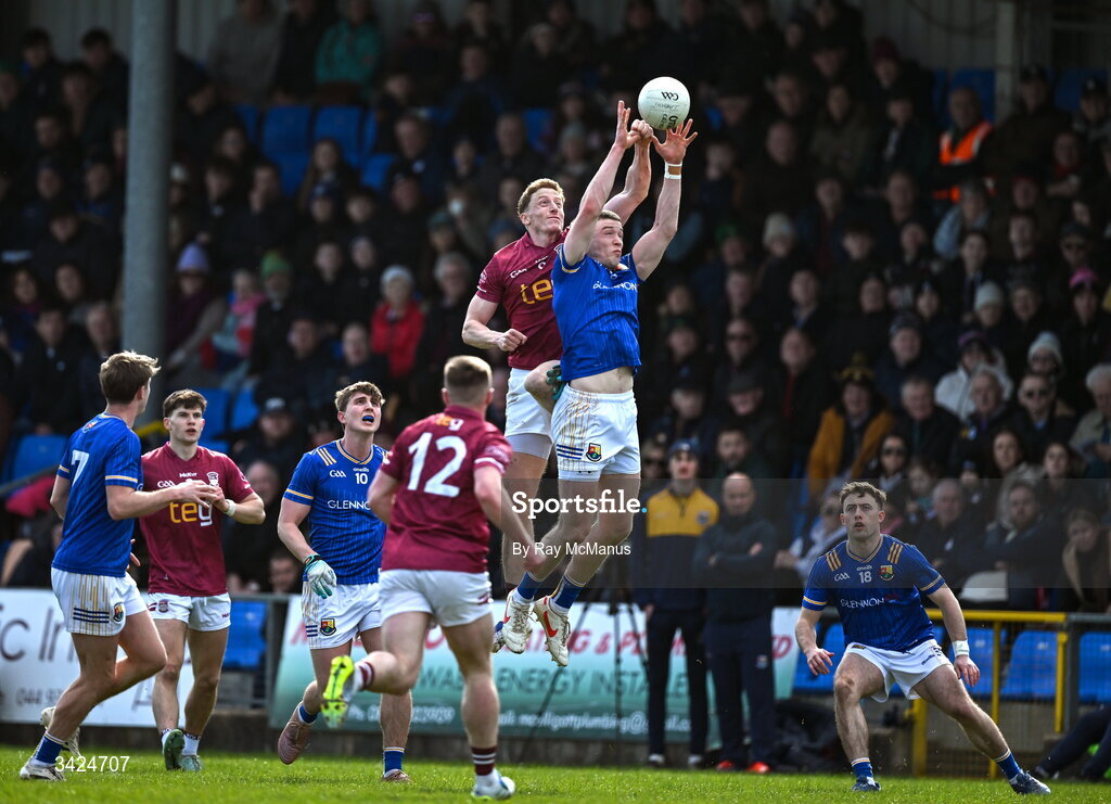 12 April 2026; Liam Glennon of Longford and Ray Connellan of Westmeath vie for possession during the Leinster GAA Football Senior Championship Round 1 match between Longford and Westmeath at Glennon Bros Pearse Park in Longford. Photo by Ray McManus/Sportsfile