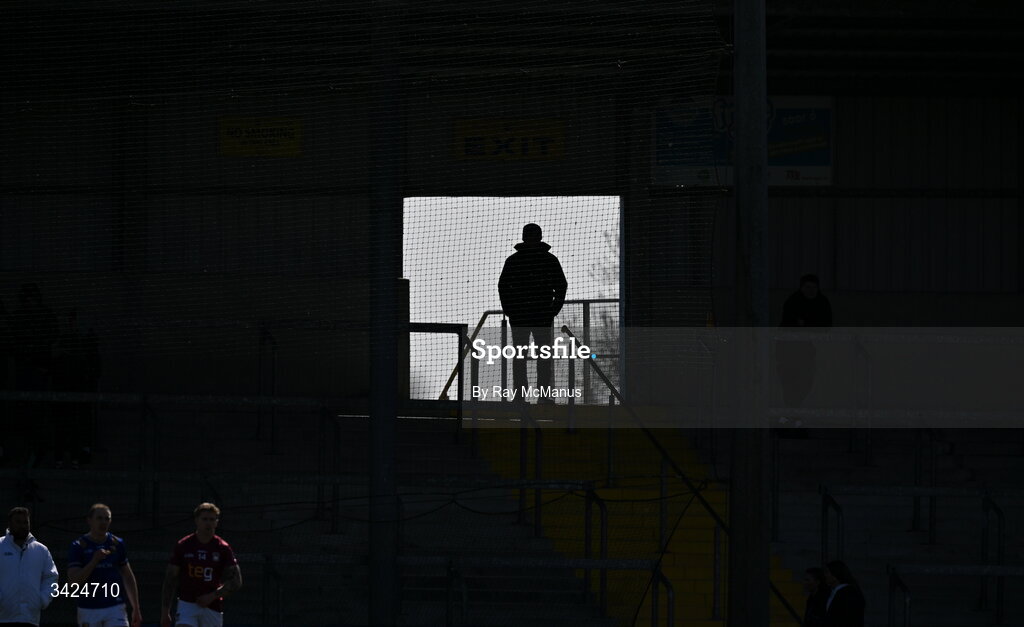 12 April 2026; A spectator watches the Leinster GAA Football Senior Championship Round 1 match between Longford and Westmeath at Glennon Bros Pearse Park in Longford. Photo by Ray McManus/Sportsfile