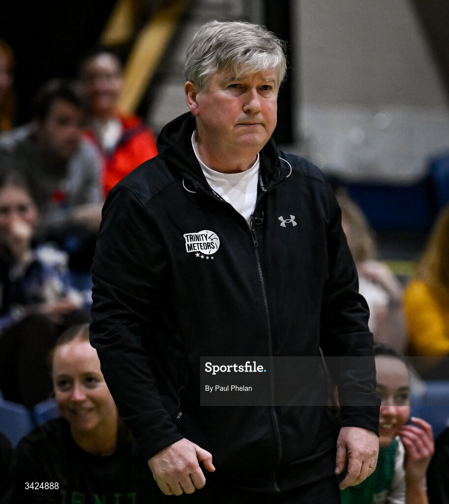 12 April 2026; Trinity Meteors head coach Seamas Donnelly during the Basketball Ireland Women's Superleague final match between Trinity Meteors and UCC Glanmire at the National Basketball Arena in Tallaght, Dublin. Photo by Paul Phelan/Sportsfile