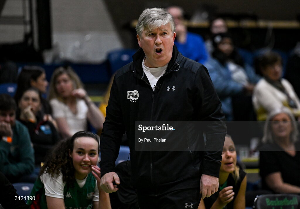 12 April 2026; Trinity Meteors head coach Seamas Donnelly during the Basketball Ireland Women's Superleague final match between Trinity Meteors and UCC Glanmire at the National Basketball Arena in Tallaght, Dublin. Photo by Paul Phelan/Sportsfile