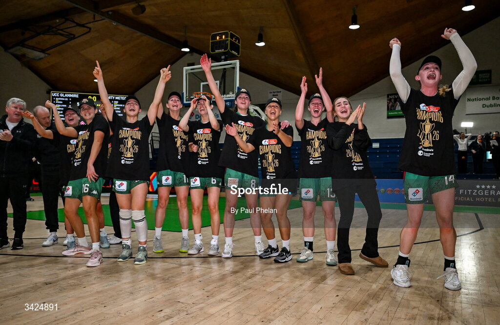 12 April 2026; The Trinity Meteors players celebrate after the Basketball Ireland Women's Superleague final match between Trinity Meteors and UCC Glanmire at the National Basketball Arena in Tallaght, Dublin. Photo by Paul Phelan/Sportsfile
