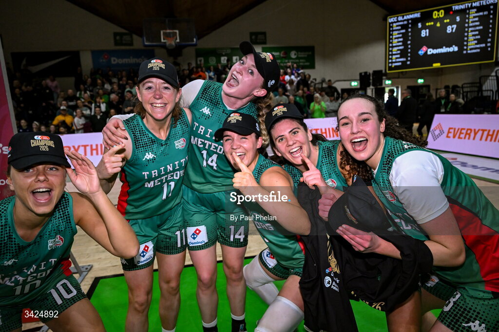 12 April 2026; The Trinity Meteors players celebrate after the Basketball Ireland Women's Superleague final match between Trinity Meteors and UCC Glanmire at the National Basketball Arena in Tallaght, Dublin. Photo by Paul Phelan/Sportsfile