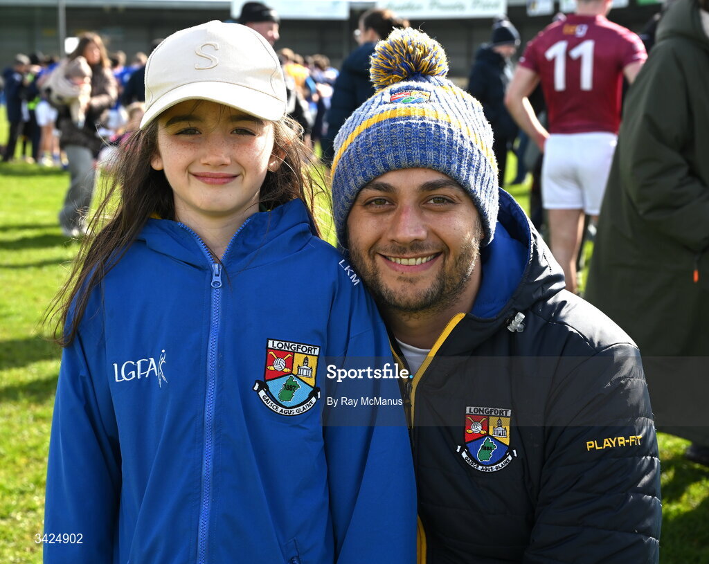 12 April 2026; Bilal Moran and his daughter Lilly, seven years, after the Leinster GAA Football Senior Championship Round 1 match between Longford and Westmeath at Glennon Bros Pearse Park in Longford. Photo by Ray McManus/Sportsfile