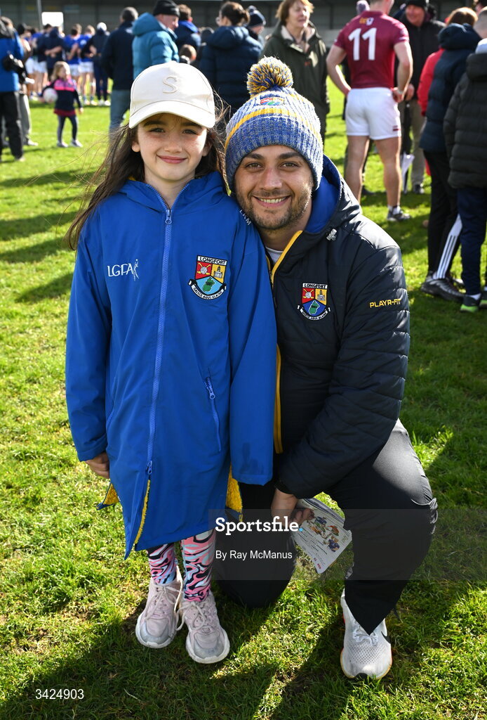 12 April 2026; Bilal Moran and his daughter Lilly, seven years, after the Leinster GAA Football Senior Championship Round 1 match between Longford and Westmeath at Glennon Bros Pearse Park in Longford. Photo by Ray McManus/Sportsfile