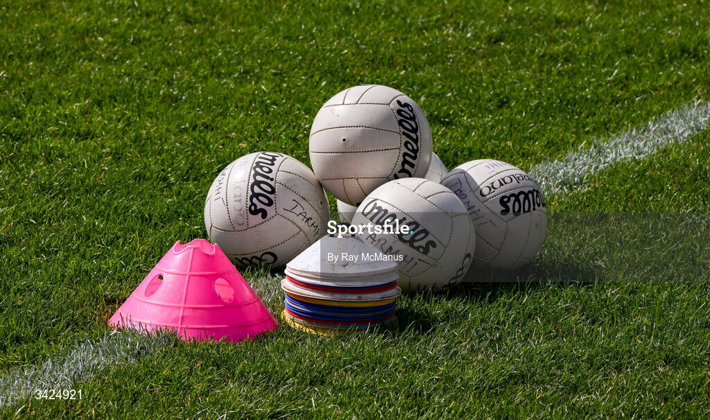 12 April 2026; Footballs and pitch markers, the property of Westmeath GAA, on the pitch before the Leinster GAA Football Senior Championship Round 1 match between Longford and Westmeath at Glennon Bros Pearse Park in Longford. Photo by Ray McManus/Sportsfile
