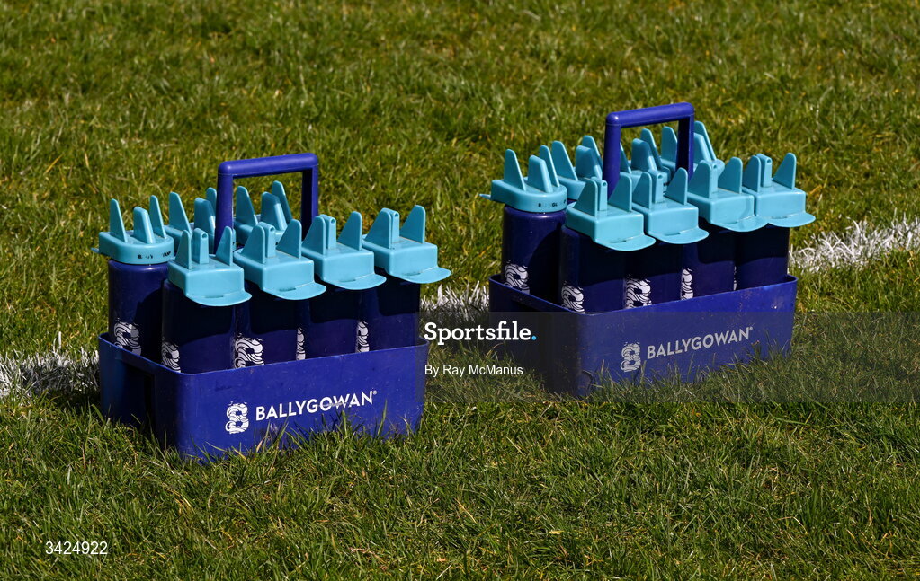 12 April 2026; Plastic bottles with the Ballygowan logo on the grass before the Leinster GAA Football Senior Championship Round 1 match between Longford and Westmeath at Glennon Bros Pearse Park in Longford. Photo by Ray McManus/Sportsfile