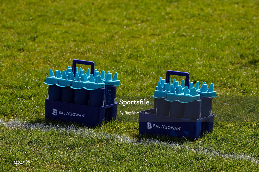 12 April 2026; Plastic bottles with the Ballygowan logo on the grass before the Leinster GAA Football Senior Championship Round 1 match between Longford and Westmeath at Glennon Bros Pearse Park in Longford. Photo by Ray McManus/Sportsfile