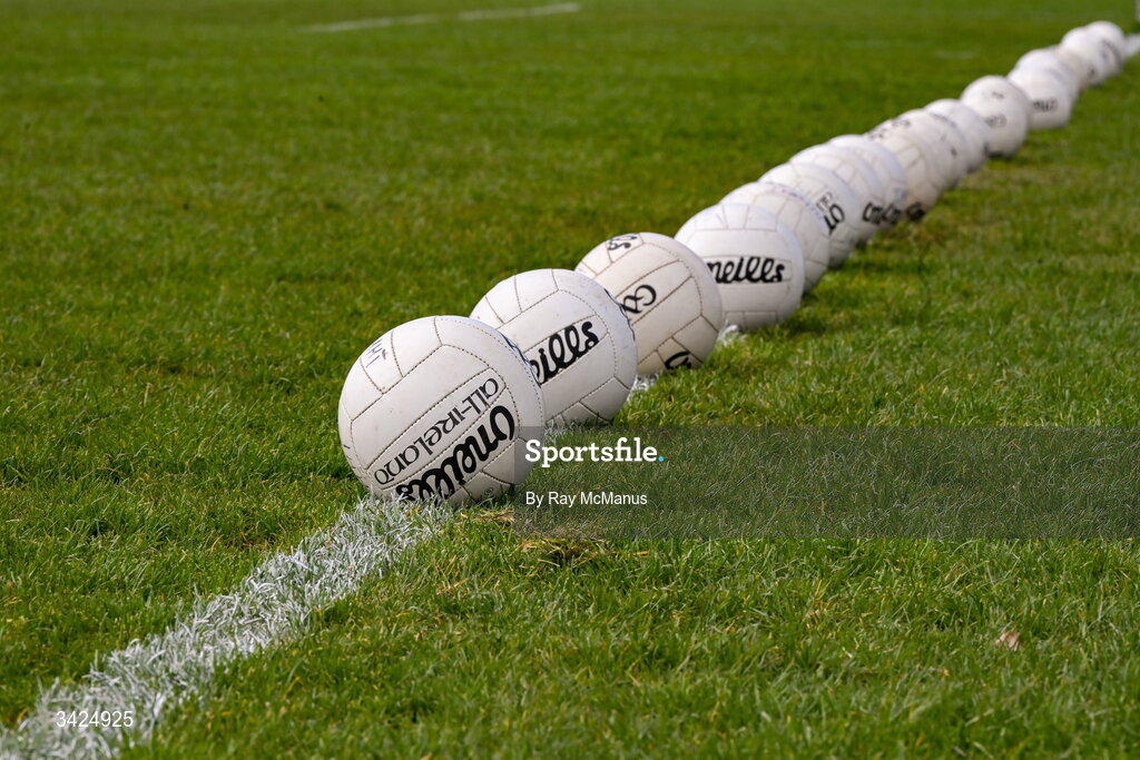 12 April 2026; Footballs, the property of Westmeath GAA, on the pitch before the Leinster GAA Football Senior Championship Round 1 match between Longford and Westmeath at Glennon Bros Pearse Park in Longford. Photo by Ray McManus/Sportsfile