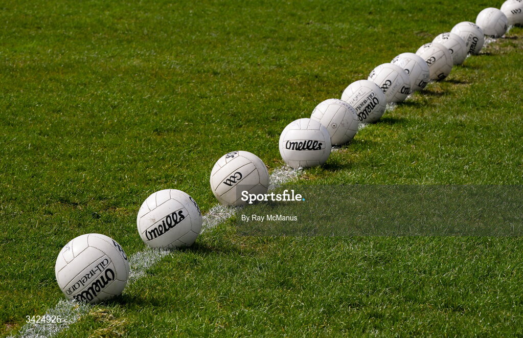 12 April 2026; O'Neills footballs, the property of Westmeath GAA, on the pitch before the Leinster GAA Football Senior Championship Round 1 match between Longford and Westmeath at Glennon Bros Pearse Park in Longford. Photo by Ray McManus/Sportsfile