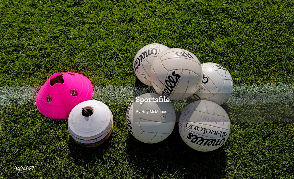 12 April 2026; Footballs and pitch markers, the property of Westmeath GAA, on the pitch before the Leinster GAA Football Senior Championship Round 1 match between Longford and Westmeath at Glennon Bros Pearse Park in Longford. Photo by Ray McManus/Sportsfile