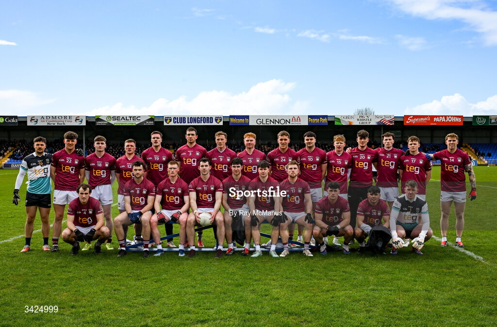 12 April 2026; The Westmeath squad before the Leinster GAA Football Senior Championship Round 1 match between Longford and Westmeath at Glennon Bros Pearse Park in Longford. Photo by Ray McManus/Sportsfile
