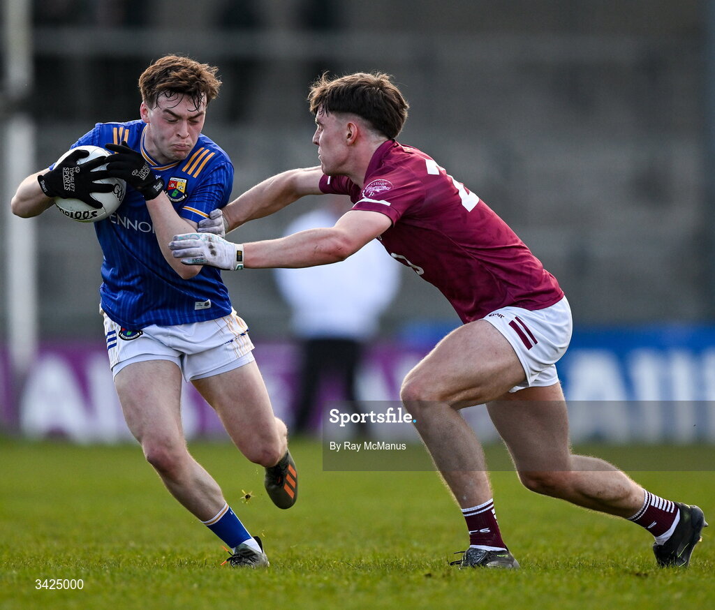 12 April 2026; Bryan Masterson of Longford in action against Devin Hill of Westmeath during the Leinster GAA Football Senior Championship Round 1 match between Longford and Westmeath at Glennon Bros Pearse Park in Longford. Photo by Ray McManus/Sportsfile