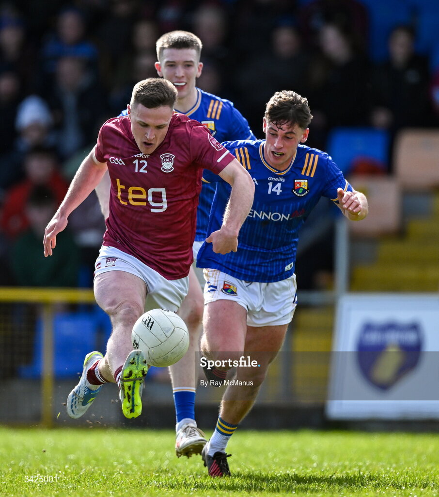 12 April 2026; Conor Dillon of Westmeath in action against Joseph Hagan of Longford during the Leinster GAA Football Senior Championship Round 1 match between Longford and Westmeath at Glennon Bros Pearse Park in Longford. Photo by Ray McManus/Sportsfile