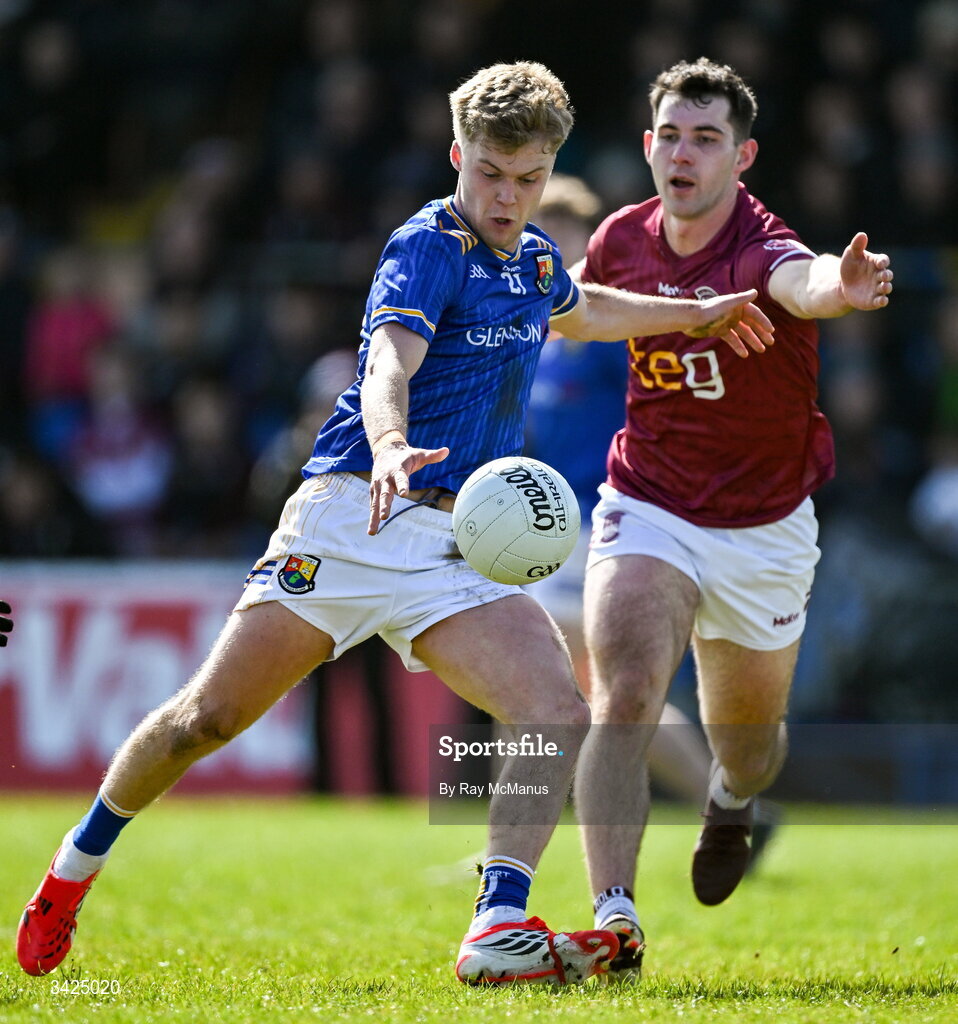12 April 2026; Matthew Flynn of Longford in action against Sam McCartan of Westmeath during the Leinster GAA Football Senior Championship Round 1 match between Longford and Westmeath at Glennon Bros Pearse Park in Longford. Photo by Ray McManus/Sportsfile