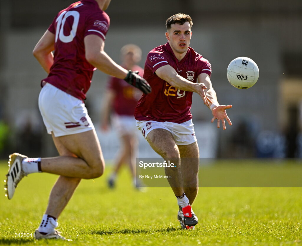 12 April 2026; Matthew Whittaker of Westmeath, right, during the Leinster GAA Football Senior Championship Round 1 match between Longford and Westmeath at Glennon Bros Pearse Park in Longford. Photo by Ray McManus/Sportsfile