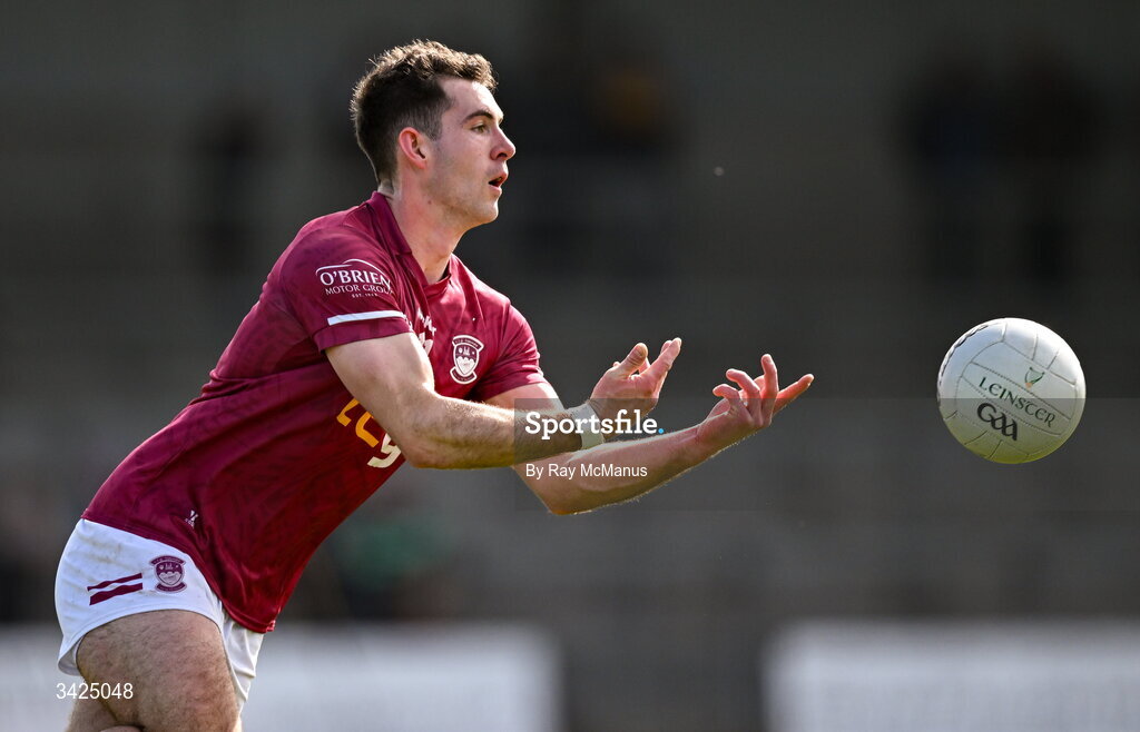12 April 2026; Sam McCartan of Westmeath during the Leinster GAA Football Senior Championship Round 1 match between Longford and Westmeath at Glennon Bros Pearse Park in Longford. Photo by Ray McManus/Sportsfile
