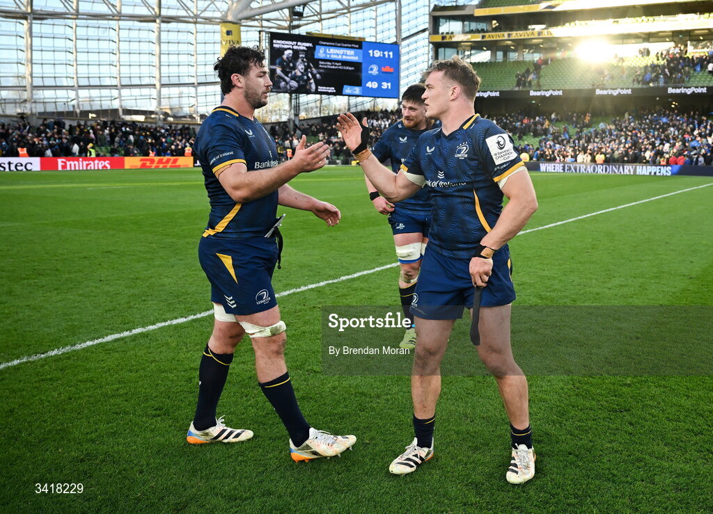 5 April 2026; Caelan Doris, left, and Josh van der Flier of Leinster after the Investec Champions Cup match between Leinster and Edinburgh at the Aviva Stadium in Dublin. Photo by Brendan Moran/Sportsfile