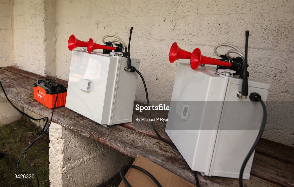 12 April 2026; A hooter is seen before the Munster GAA Football Senior Championship quarter-final match between Waterford and Tipperary at Cappoquin Logistics Fraher Field in Waterford. Photo by Michael P Ryan/Sportsfile