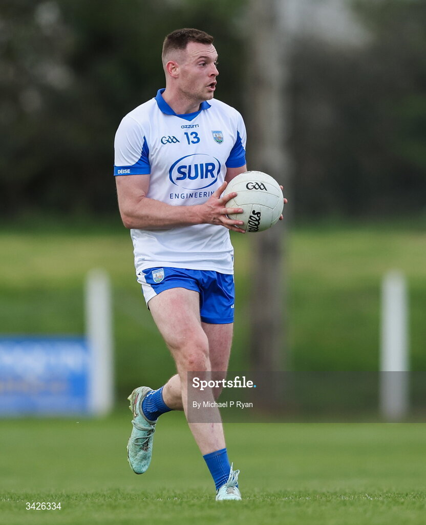 12 April 2026; Dermot Ryan of Waterford during the Munster GAA Football Senior Championship quarter-final match between Waterford and Tipperary at Cappoquin Logistics Fraher Field in Waterford. Photo by Michael P Ryan/Sportsfile