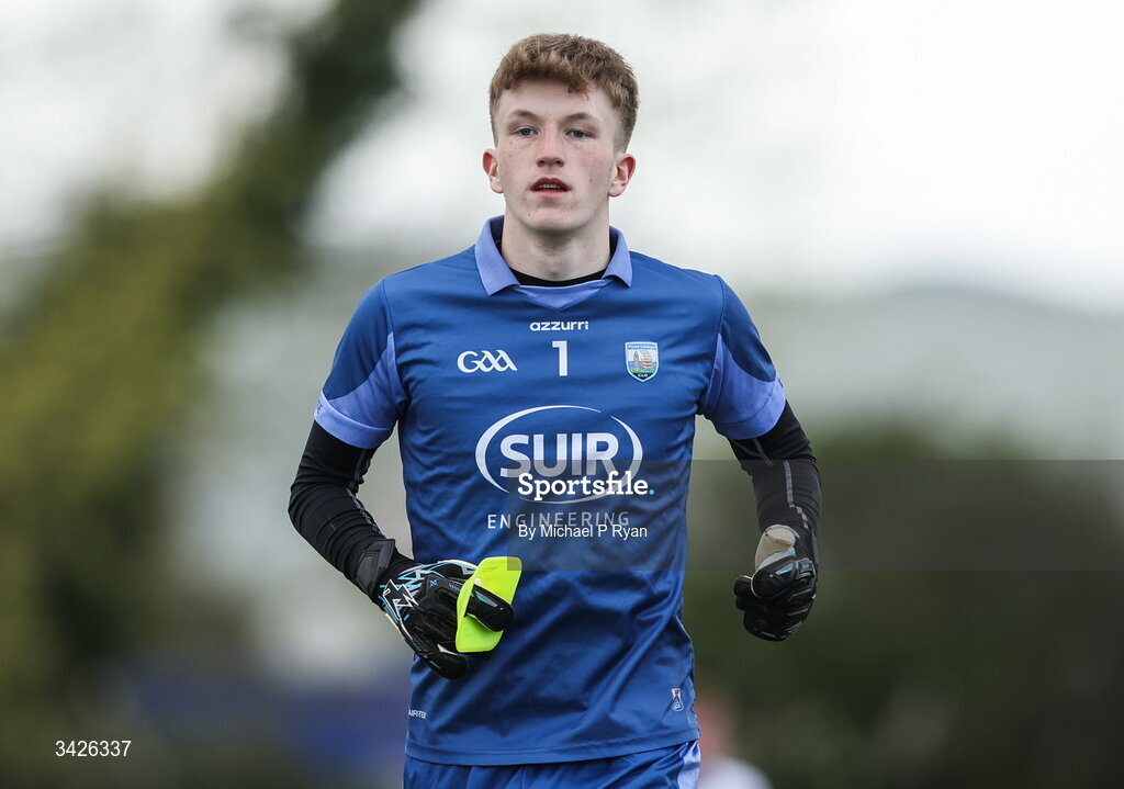 12 April 2026; Waterford goalkeeper Simon Burns during the Munster GAA Football Senior Championship quarter-final match between Waterford and Tipperary at Cappoquin Logistics Fraher Field in Waterford. Photo by Michael P Ryan/Sportsfile