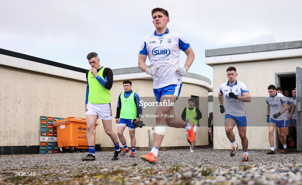 12 April 2026; Conor Murray of Waterford leads his side out for the start of the second half during the Munster GAA Football Senior Championship quarter-final match between Waterford and Tipperary at Cappoquin Logistics Fraher Field in Waterford. Photo by Michael P Ryan/Sportsfile