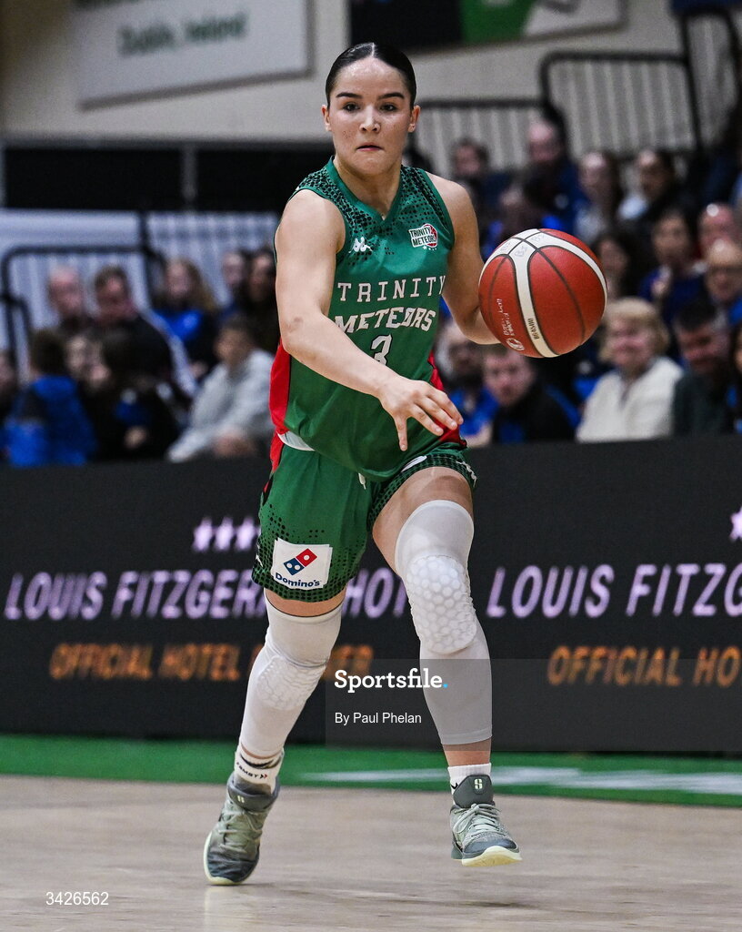 12 April 2026; Hazel Finn of Trinity Meteors during the Basketball Ireland Women's Superleague final match between Trinity Meteors and UCC Glanmire at the National Basketball Arena in Tallaght, Dublin. Photo by Paul Phelan/Sportsfile