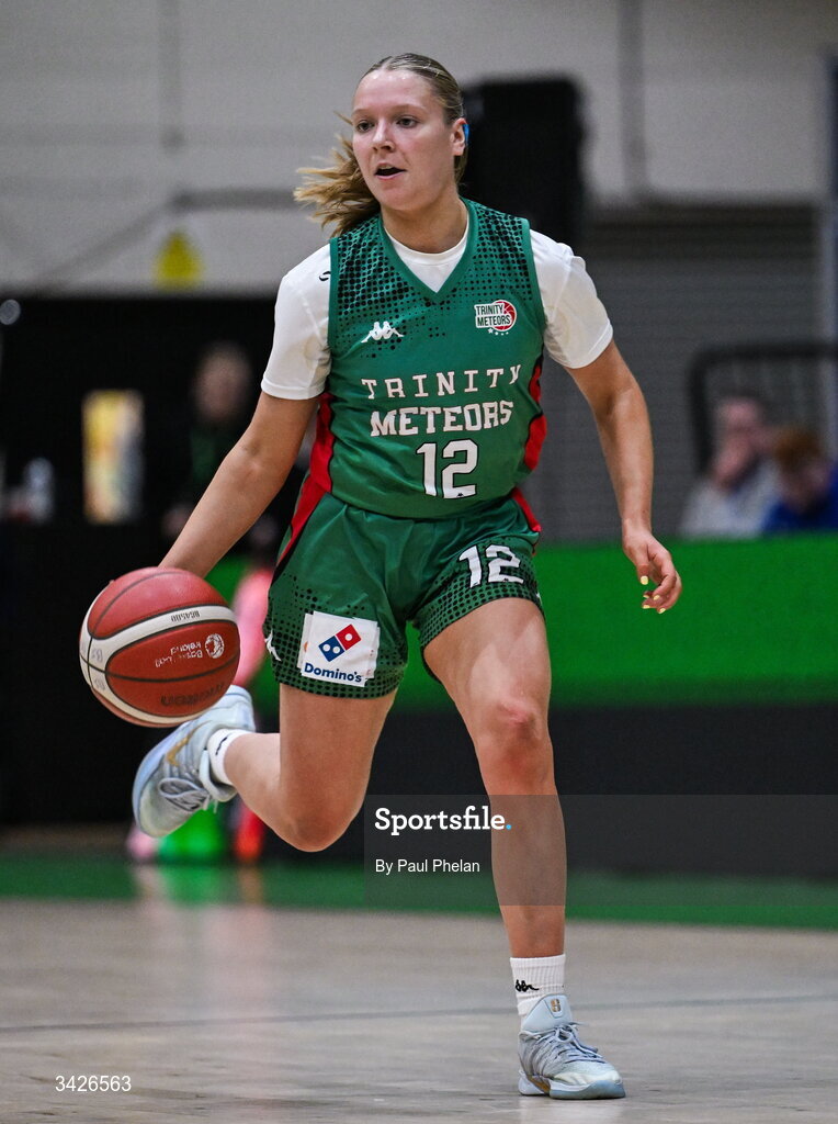 12 April 2026; Aisling Moran of Trinity Meteors during the Basketball Ireland Women's Superleague final match between Trinity Meteors and UCC Glanmire at the National Basketball Arena in Tallaght, Dublin. Photo by Paul Phelan/Sportsfile