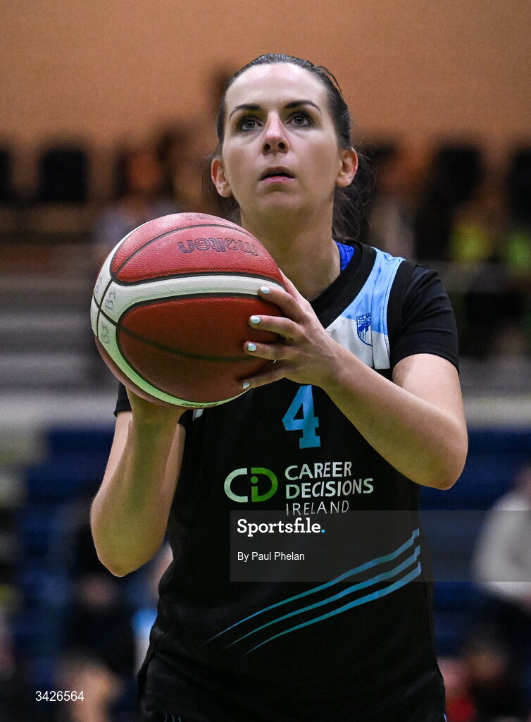 12 April 2026; Áine McKenna of UCC Glanmire shoots a free throw during the Basketball Ireland Women's Superleague final match between Trinity Meteors and UCC Glanmire at the National Basketball Arena in Tallaght, Dublin. Photo by Paul Phelan/Sportsfile