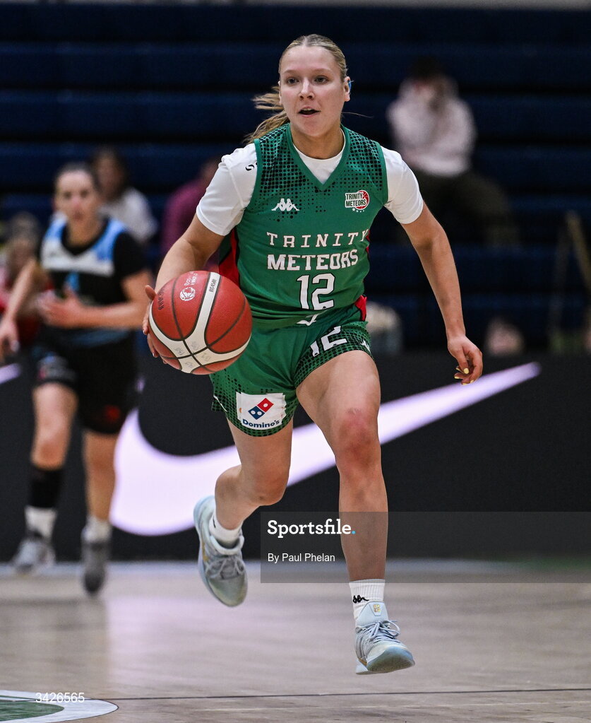 12 April 2026; Aisling Moran of Trinity Meteors during the Basketball Ireland Women's Superleague final match between Trinity Meteors and UCC Glanmire at the National Basketball Arena in Tallaght, Dublin. Photo by Paul Phelan/Sportsfile