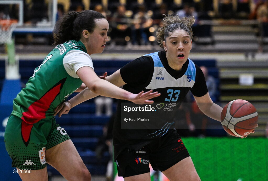 12 April 2026; Viane Cumber of UCC Glanmire in action against Helena Keane of Trinity Meteors during the Basketball Ireland Women's Superleague final match between Trinity Meteors and UCC Glanmire at the National Basketball Arena in Tallaght, Dublin. Photo by Paul Phelan/Sportsfile