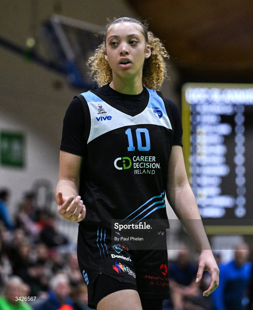 12 April 2026; Jewel Watkins of UCC Glanmire during the Basketball Ireland Women's Superleague final match between Trinity Meteors and UCC Glanmire at the National Basketball Arena in Tallaght, Dublin. Photo by Paul Phelan/Sportsfile