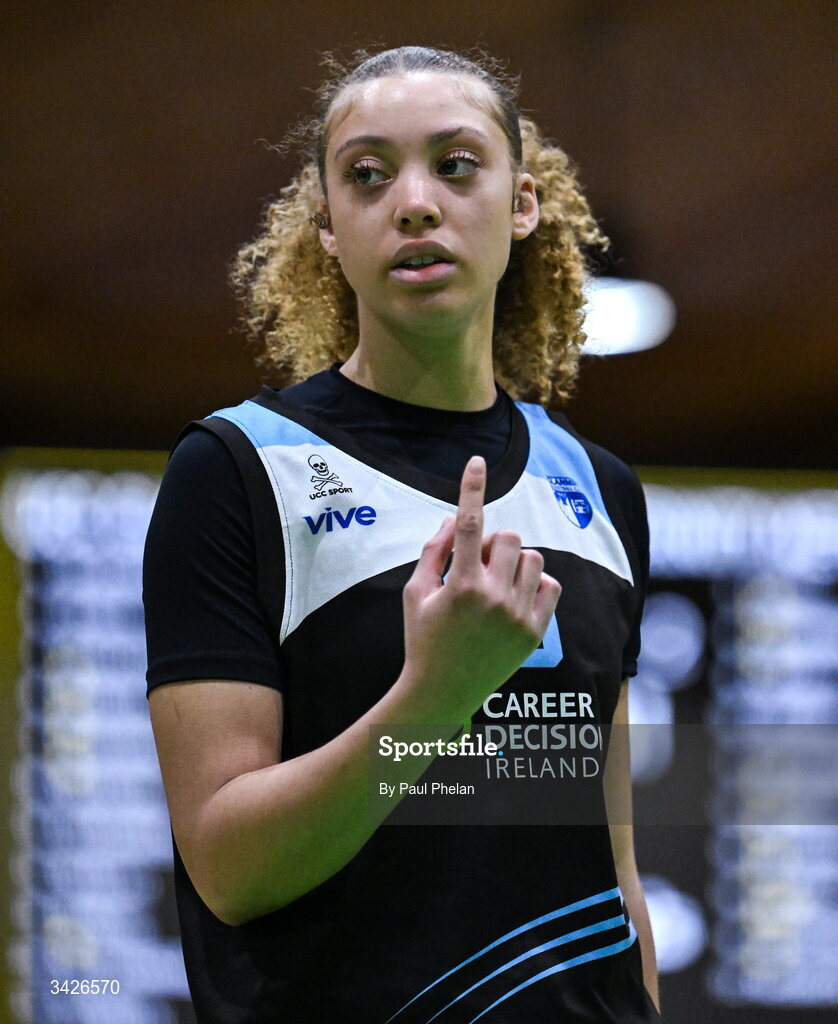 12 April 2026; Jewel Watkins of UCC Glanmire during the Basketball Ireland Women's Superleague final match between Trinity Meteors and UCC Glanmire at the National Basketball Arena in Tallaght, Dublin. Photo by Paul Phelan/Sportsfile