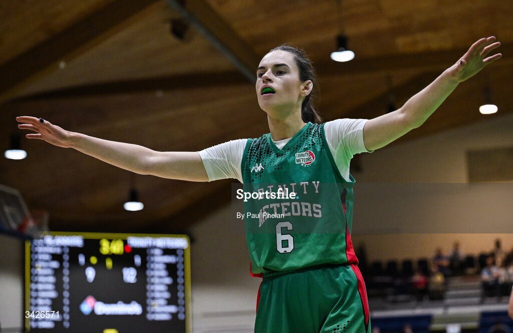 12 April 2026; Catherine Connaire of Trinity Meteors during the Basketball Ireland Women's Superleague final match between Trinity Meteors and UCC Glanmire at the National Basketball Arena in Tallaght, Dublin. Photo by Paul Phelan/Sportsfile