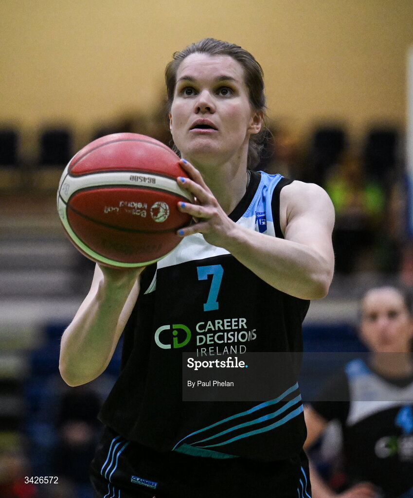 12 April 2026; Claire O'Sullivan of UCC Glanmire shoots a free throw during the Basketball Ireland Women's Superleague final match between Trinity Meteors and UCC Glanmire at the National Basketball Arena in Tallaght, Dublin. Photo by Paul Phelan/Sportsfile