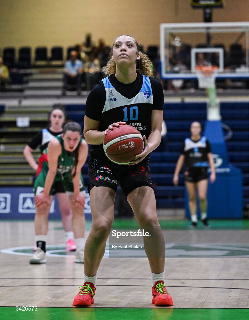 12 April 2026; Jewel Watkins of UCC Glanmire shoots a free throw during the Basketball Ireland Women's Superleague final match between Trinity Meteors and UCC Glanmire at the National Basketball Arena in Tallaght, Dublin. Photo by Paul Phelan/Sportsfile
