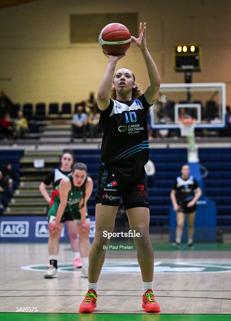 12 April 2026; Jewel Watkins of UCC Glanmire shoots a free throw during the Basketball Ireland Women's Superleague final match between Trinity Meteors and UCC Glanmire at the National Basketball Arena in Tallaght, Dublin. Photo by Paul Phelan/Sportsfile