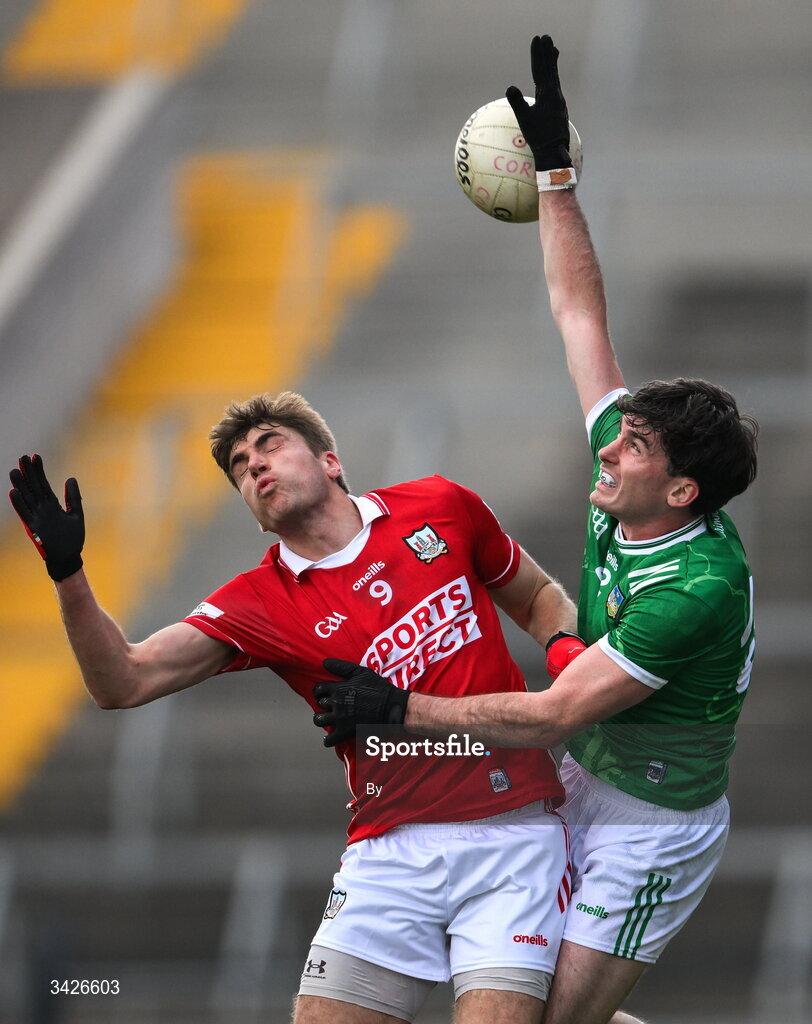 12 April 2026; Ian Maguire of Cork and Colm McSweeney of Limerick contest a kickout during the Munster GAA Football Senior Championship quarter-final match between Cork and Limerick at SuperValu Páirc Uí Chaoimh in Cork.