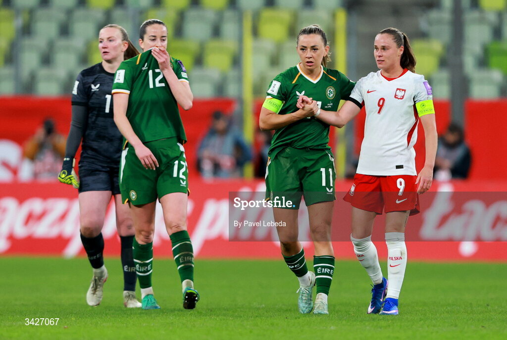 26 March 2026; Katie McCabe of Republic of Ireland, 11, and Ewa Pajor of Poland during the FIFA World Cup 2026 European Qualifiers play-off semi-final match between Czechia and Republic of Ireland at Fortuna Arena in Prague, Czechia. Photo by Pavel Lebeda/Sportsfile