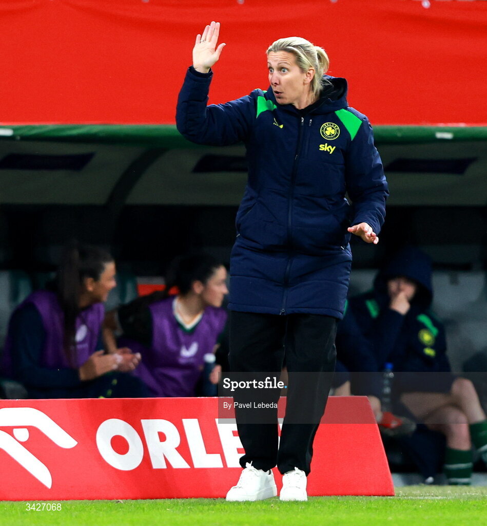 26 March 2026; Republic of Ireland head coach Carla Ward during the FIFA World Cup 2026 European Qualifiers play-off semi-final match between Czechia and Republic of Ireland at Fortuna Arena in Prague, Czechia. Photo by Pavel Lebeda/Sportsfile