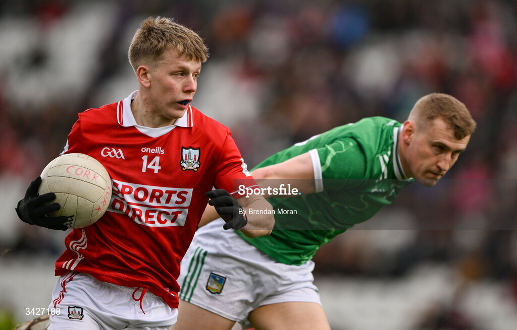 12 April 2026; Dara Sheedy of Cork in action against Killian Ryan of Limerick during the Munster GAA Football Senior Championship quarter-final match between Cork and Limerick at SuperValu Páirc Uí Chaoimh in Cork. Photo by Brendan Moran/Sportsfile