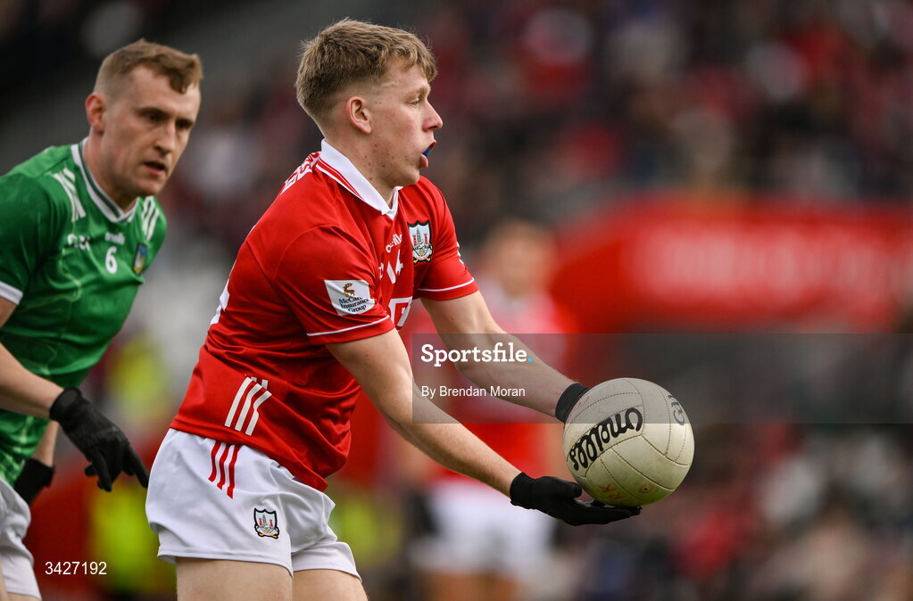 12 April 2026; Dara Sheedy of Cork in action against Killian Ryan of Limerick during the Munster GAA Football Senior Championship quarter-final match between Cork and Limerick at SuperValu Páirc Uí Chaoimh in Cork. Photo by Brendan Moran/Sportsfile