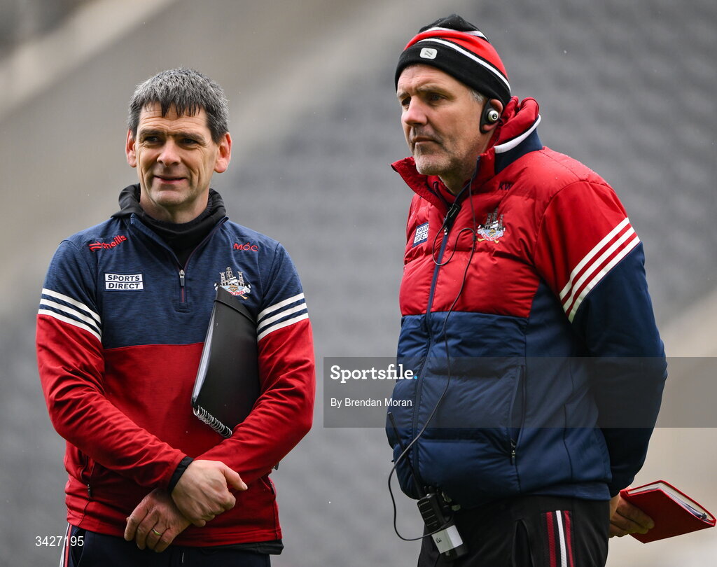 12 April 2026; Cork selectors Mícheál Ó Cróinín, left, and Kevin Walsh after the Munster GAA Football Senior Championship quarter-final match between Cork and Limerick at SuperValu Páirc Uí Chaoimh in Cork. Photo by Brendan Moran/Sportsfile
