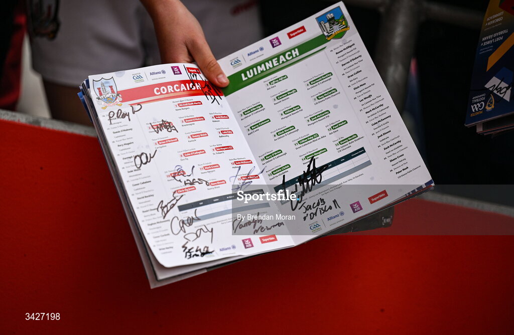 12 April 2026; A young supporter holds out a match programme looking for player's autographs after the Munster GAA Football Senior Championship quarter-final match between Cork and Limerick at SuperValu Páirc Uí Chaoimh in Cork. Photo by Brendan Moran/Sportsfile