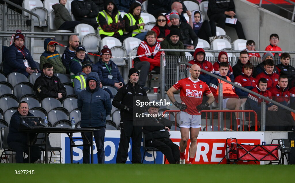 12 April 2026; Brian O’Driscoll of Cork, 5, stands on the sideline having been shown a black card during the Munster GAA Football Senior Championship quarter-final match between Cork and Limerick at SuperValu Páirc Uí Chaoimh in Cork. Photo by Brendan Moran/Sportsfile