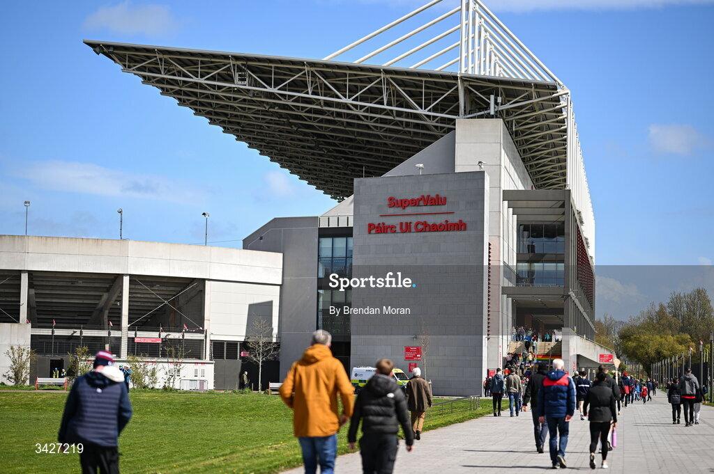 12 April 2026; Supporters make their way to the stadium before the Munster GAA Football Senior Championship quarter-final match between Cork and Limerick at SuperValu Páirc Uí Chaoimh in Cork. Photo by Brendan Moran/Sportsfile