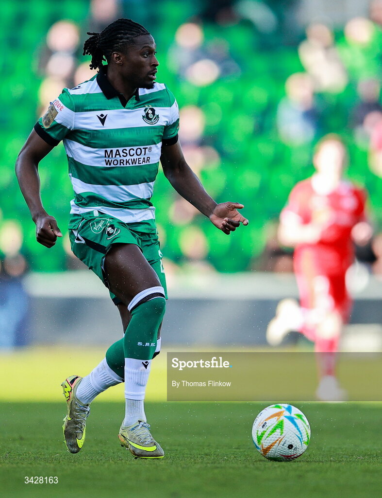 6 April 2026; Tunmise Sobowale of Shamrock Rovers during the SSE Airtricity Men's Premier Division match between Shamrock Rovers and Shelbourne at Tallaght Stadium in Dublin. Photo by Thomas Flinkow/Sportsfile