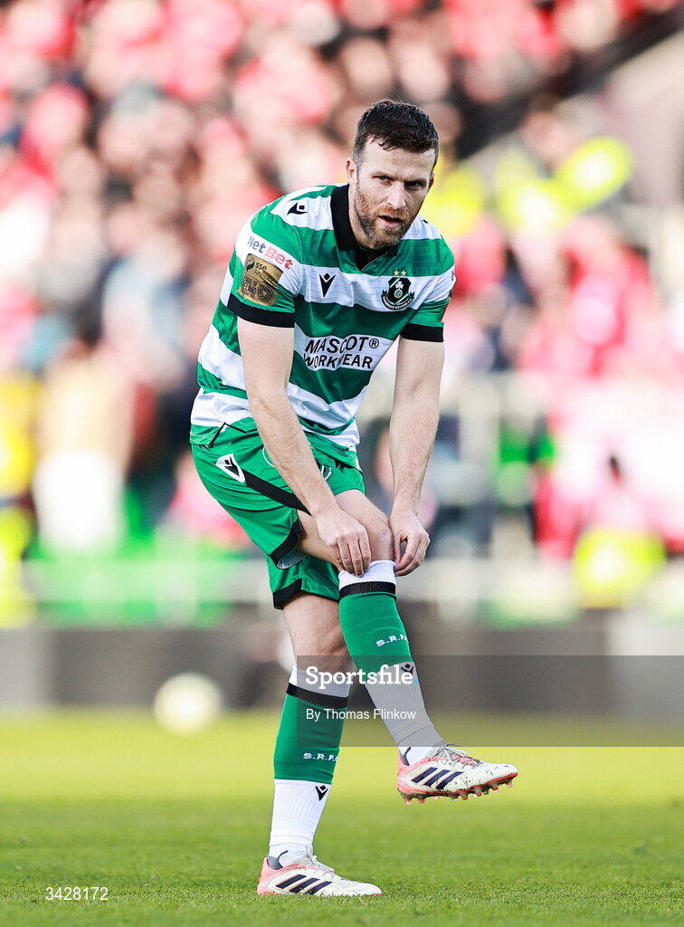 6 April 2026; Adam Matthews of Shamrock Rovers during the SSE Airtricity Men's Premier Division match between Shamrock Rovers and Shelbourne at Tallaght Stadium in Dublin. Photo by Thomas Flinkow/Sportsfile
