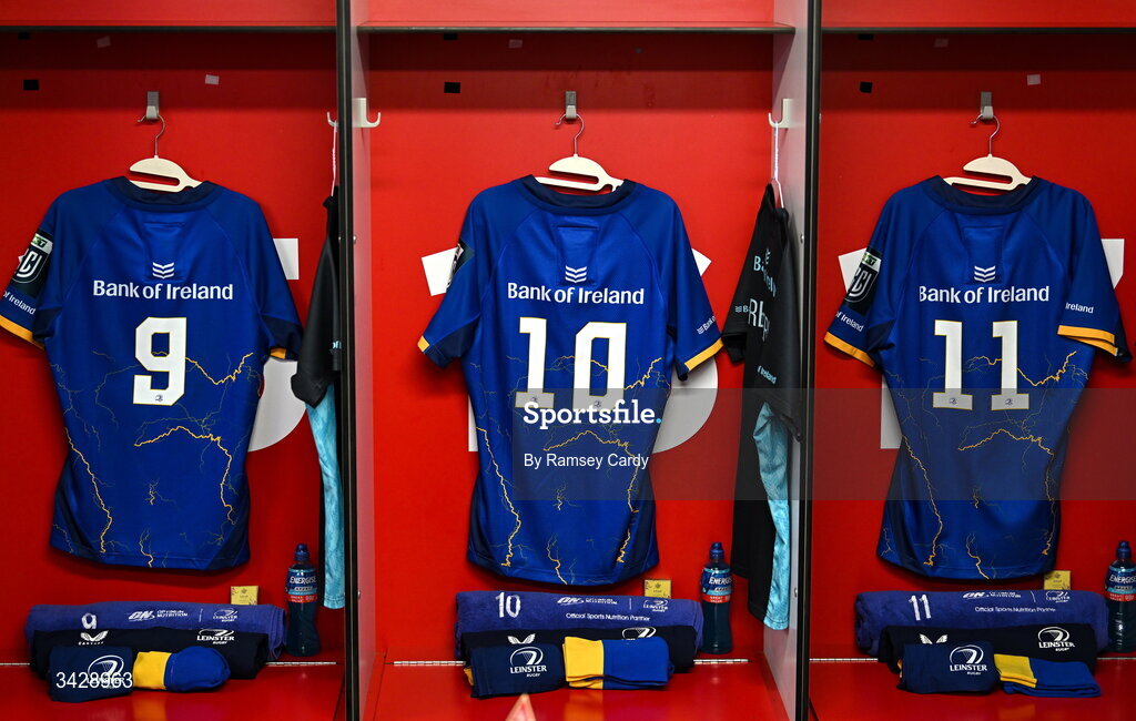 17 April 2026; The jerseys of Luke McGrath, Sam Prendergast and Jimmy O'Brien in the Leinster dressing room before the United Rugby Championship match between Ulster and Leinster at Affidea Stadium in Belfast. Photo by Ramsey Cardy/Sportsfile