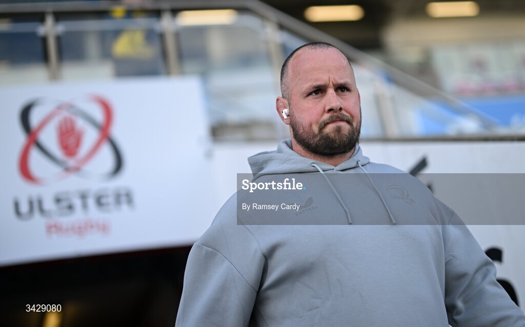 17 April 2026; Ed Byrne of Leinster before the United Rugby Championship match between Ulster and Leinster at Affidea Stadium in Belfast. Photo by Ramsey Cardy/Sportsfile