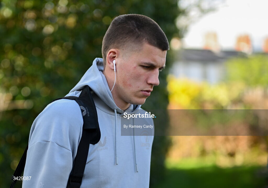 17 April 2026; Sam Prendergast of Leinster arrives before the United Rugby Championship match between Ulster and Leinster at Affidea Stadium in Belfast. Photo by Ramsey Cardy/Sportsfile